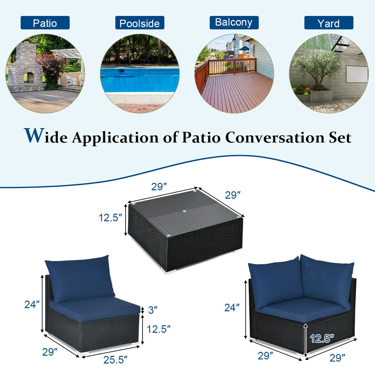 7 Pieces Outdoor Wicker Patio Sofa Set with 2 Pillows and Cushions, Navy Outdoor Sectionals   at Gallery Canada