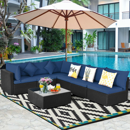 7 Pieces Outdoor Wicker Patio Sofa Set with 2 Pillows and Cushions, Navy Outdoor Sectionals   at Gallery Canada