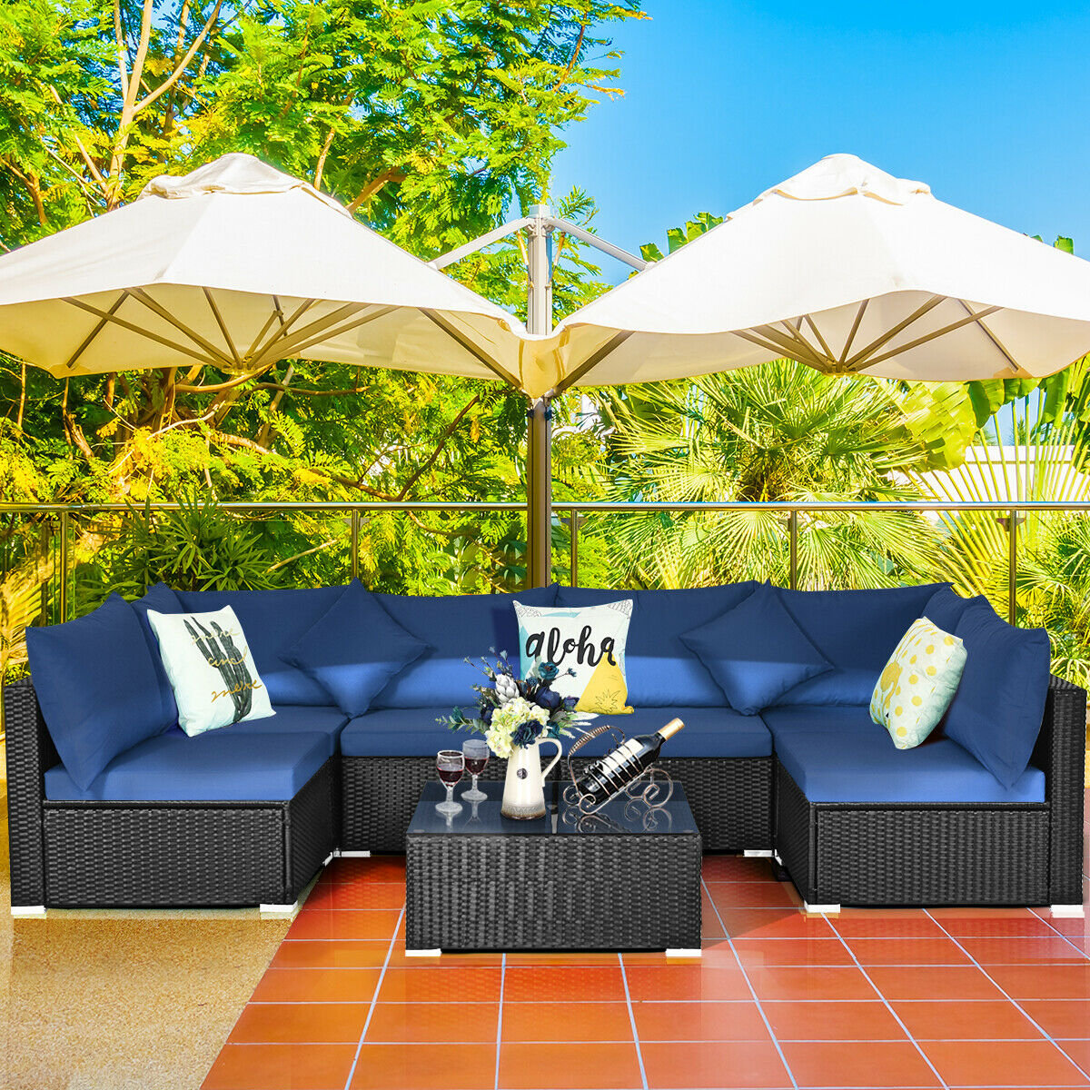 7 Pieces Outdoor Wicker Patio Sofa Set with 2 Pillows and Cushions, Navy Outdoor Sectionals   at Gallery Canada