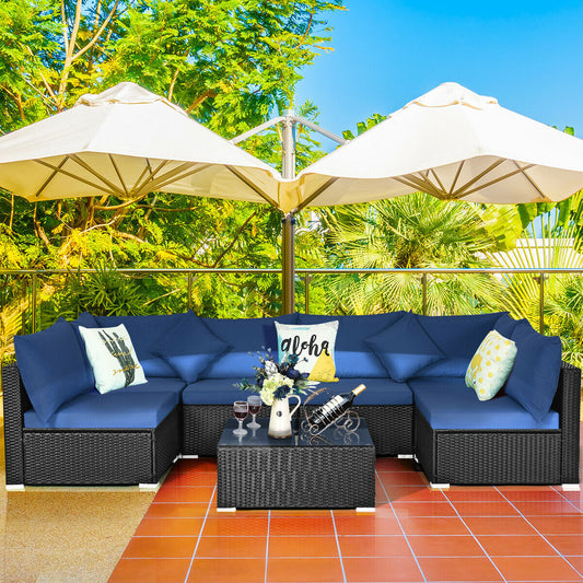 7 Pieces Outdoor Wicker Patio Sofa Set with 2 Pillows and Cushions, Navy Outdoor Sectionals Navy  at Gallery Canada