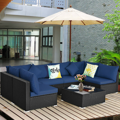 7 Pieces Outdoor Wicker Patio Sofa Set with 2 Pillows and Cushions, Navy Outdoor Sectionals   at Gallery Canada