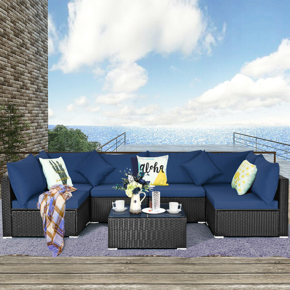 7 Pieces Outdoor Wicker Patio Sofa Set with 2 Pillows and Cushions, Navy Outdoor Sectionals   at Gallery Canada