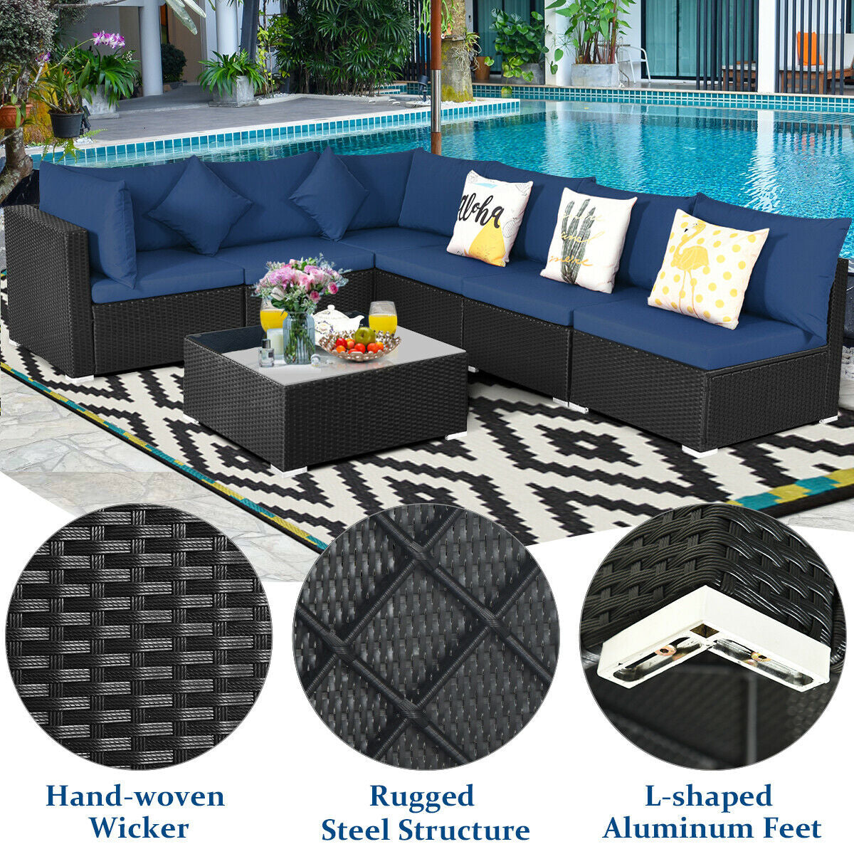 7 Pieces Outdoor Wicker Patio Sofa Set with 2 Pillows and Cushions, Navy Outdoor Sectionals   at Gallery Canada