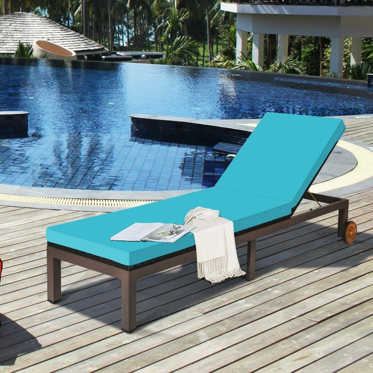 Patio Chaise Lounge Chair Outdoor Rattan Lounger Recliner Chair, Turquoise Outdoor Chaise Lounges   at Gallery Canada