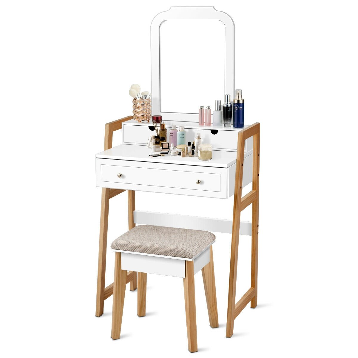 Vanity Table Set with Cushioned Stool and Large Mirror, White - Gallery Canada