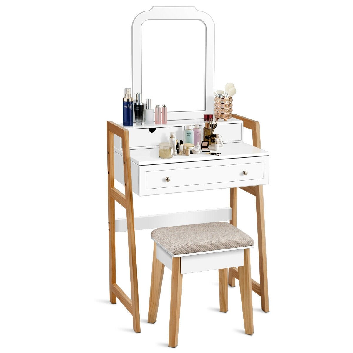 Vanity Table Set with Cushioned Stool and Large Mirror, White Makeup Vanities   at Gallery Canada