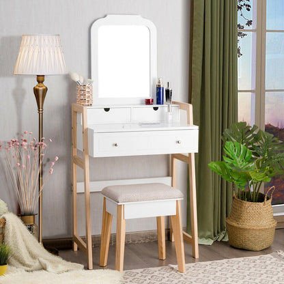 Vanity Table Set with Cushioned Stool and Large Mirror, White Makeup Vanities   at Gallery Canada