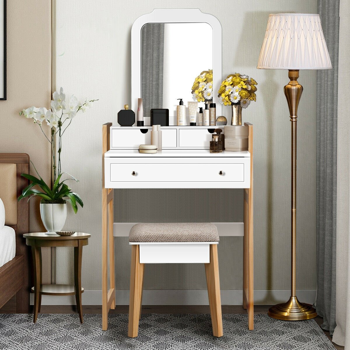 Vanity Table Set with Cushioned Stool and Large Mirror, White Makeup Vanities   at Gallery Canada