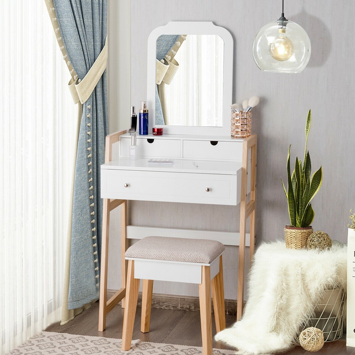 Vanity Table Set with Cushioned Stool and Large Mirror, White - Gallery Canada