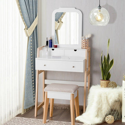 Vanity Table Set with Cushioned Stool and Large Mirror, White Makeup Vanities   at Gallery Canada