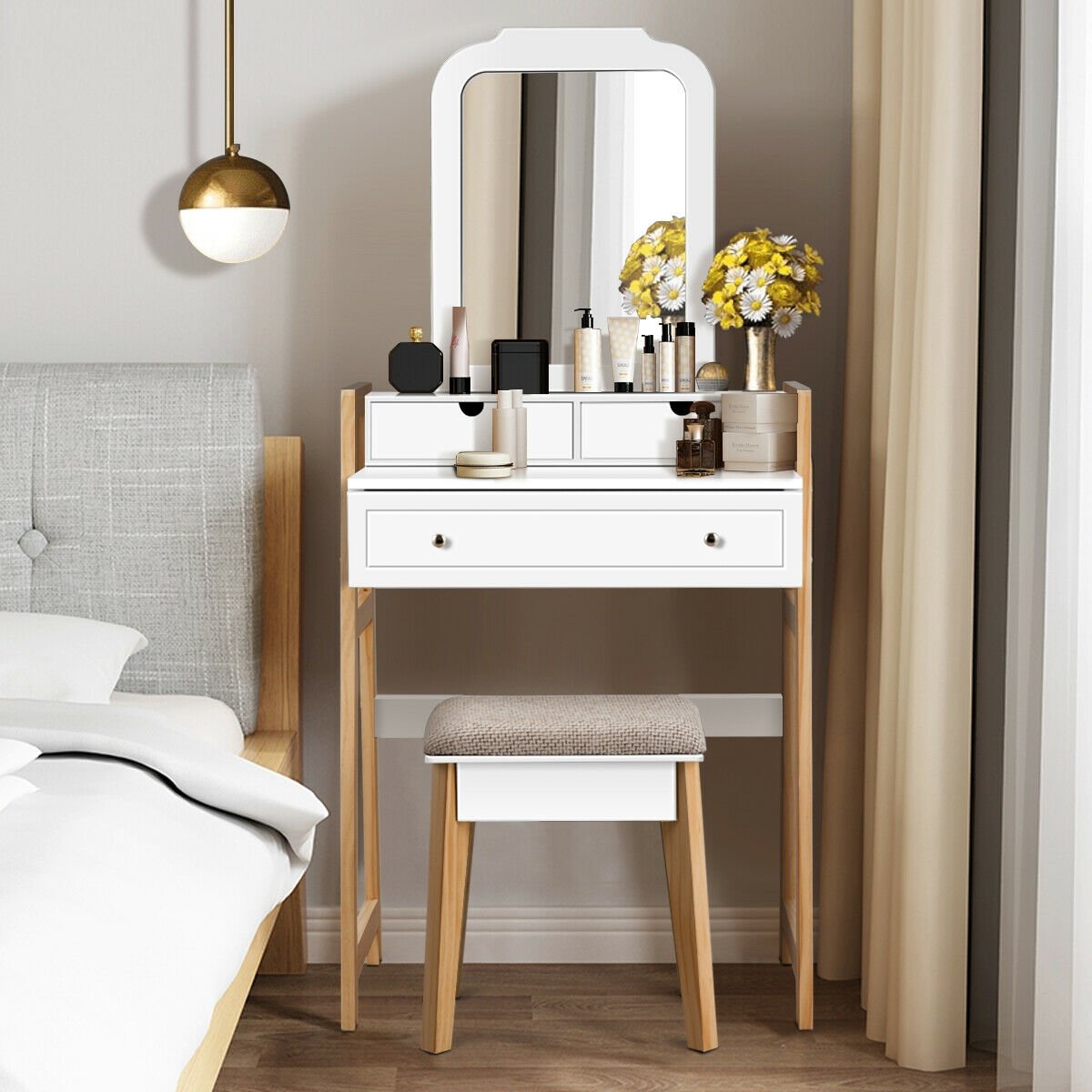 Vanity Table Set with Cushioned Stool and Large Mirror, White Makeup Vanities   at Gallery Canada