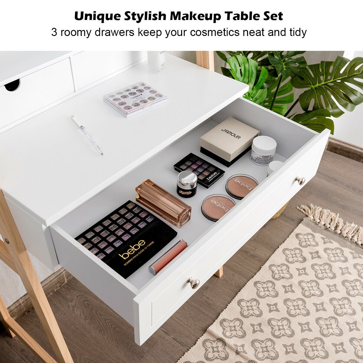 Vanity Table Set with Cushioned Stool and Large Mirror, White Makeup Vanities   at Gallery Canada