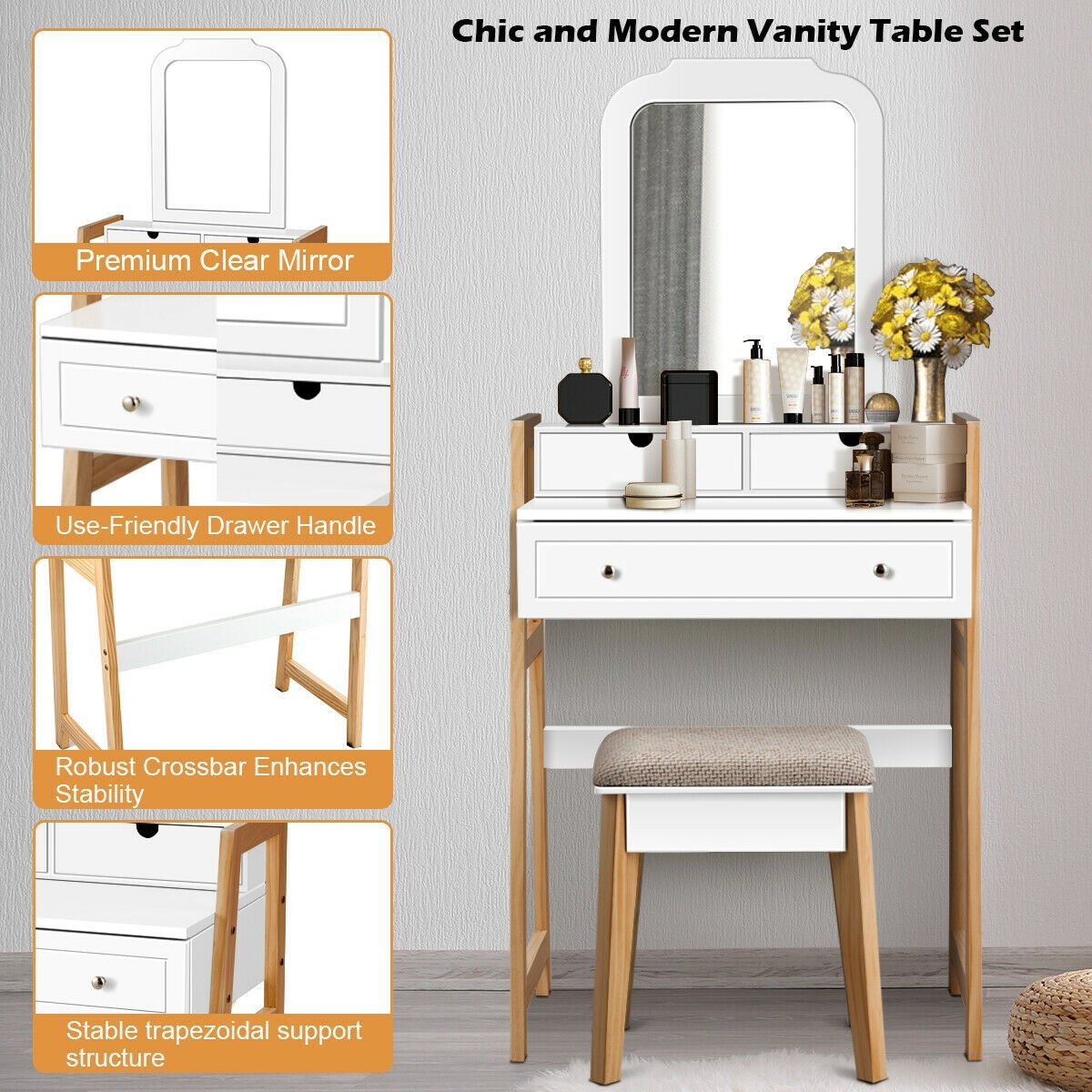 Vanity Table Set with Cushioned Stool and Large Mirror, White Makeup Vanities   at Gallery Canada