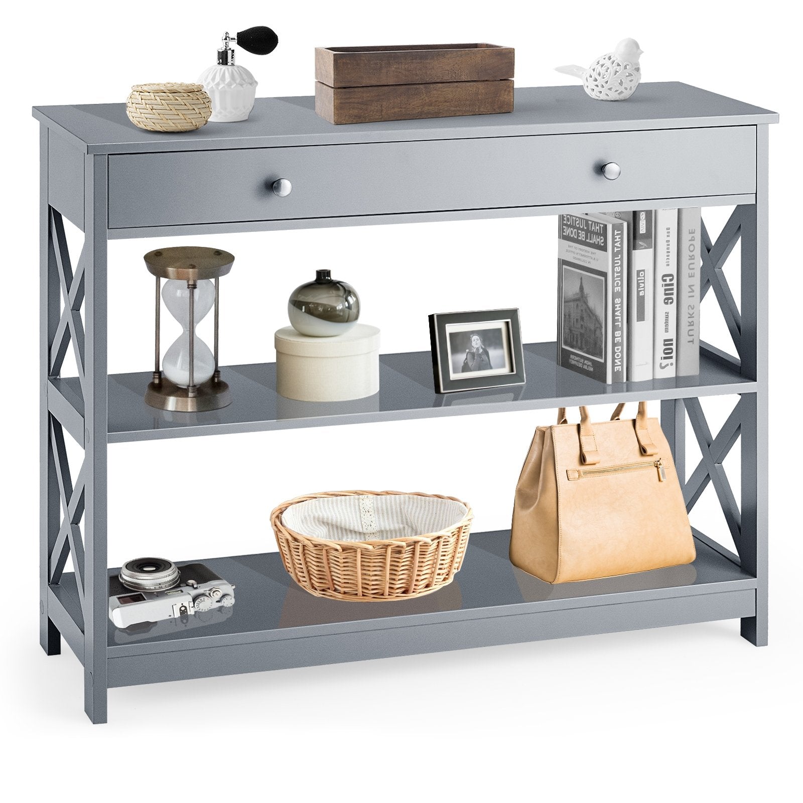 Console Table 3-Tier with Drawer and Storage Shelves, Gray Console Tables   at Gallery Canada