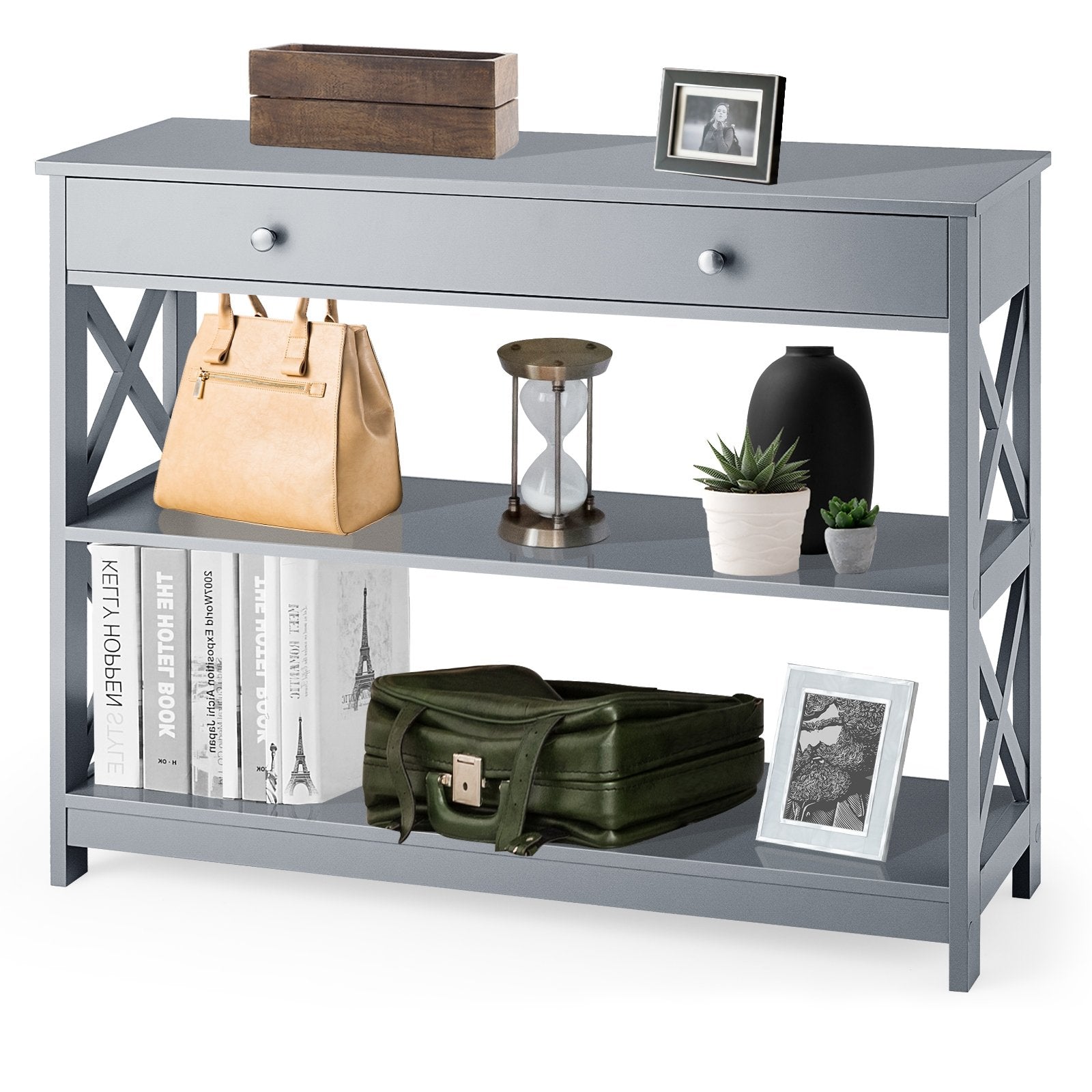 Console Table 3-Tier with Drawer and Storage Shelves, Gray Console Tables   at Gallery Canada