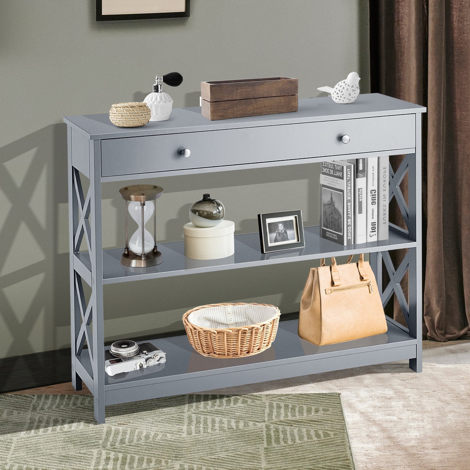 Console Table 3-Tier with Drawer and Storage Shelves, Gray Console Tables   at Gallery Canada