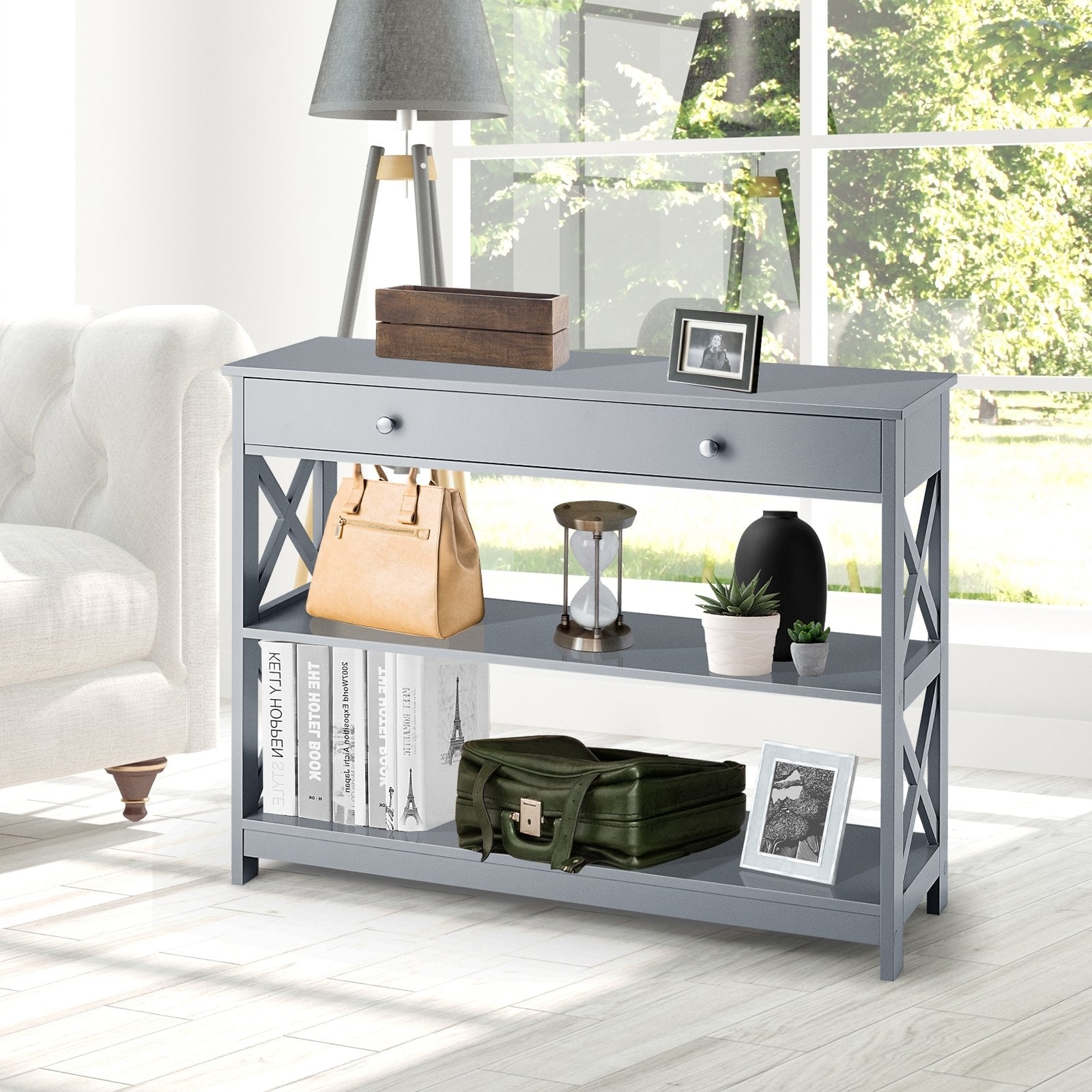 Console Table 3-Tier with Drawer and Storage Shelves, Gray Console Tables   at Gallery Canada