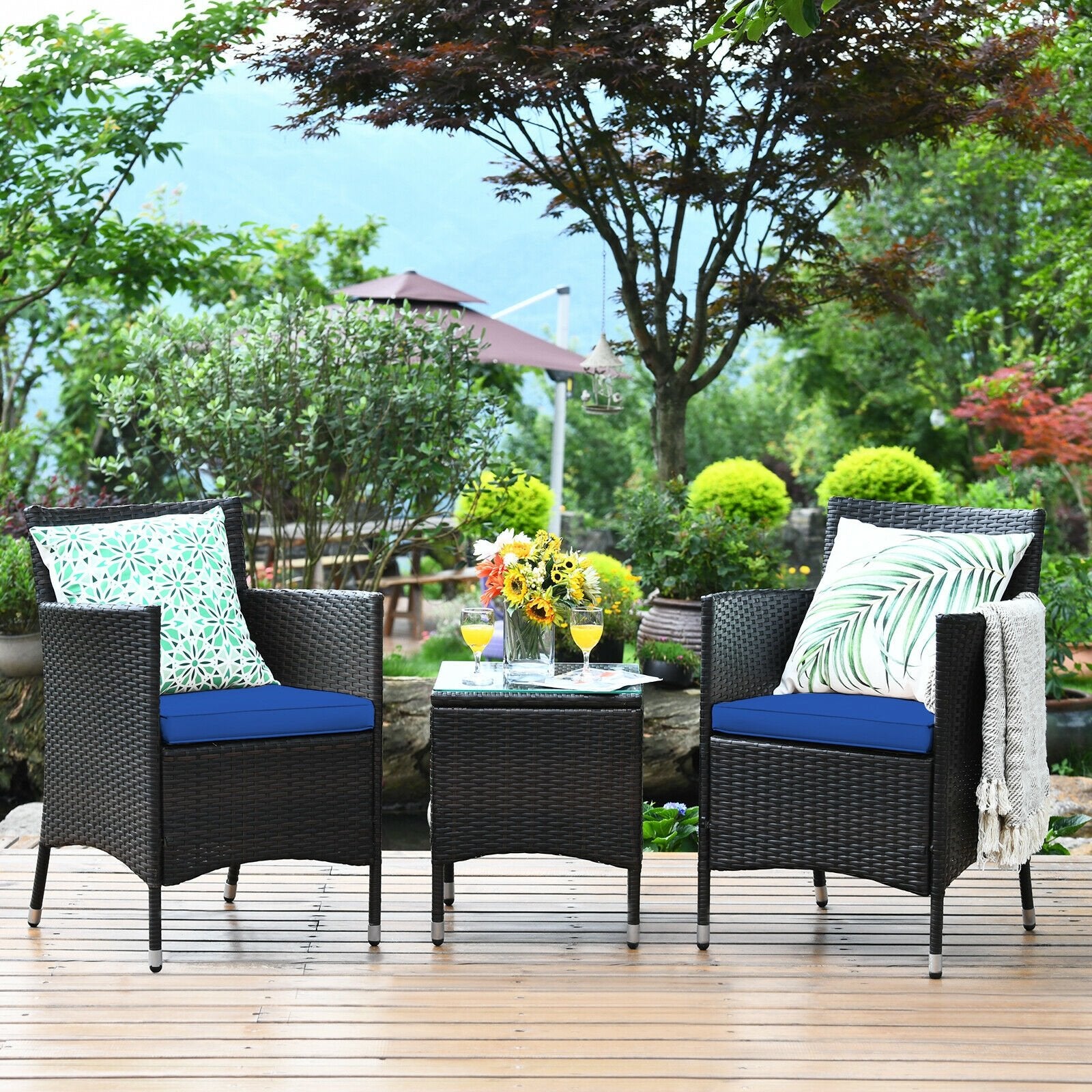 3 Pcs Patio Furniture Set Outdoor Wicker Rattan Set, Navy Patio Conversation Sets   at Gallery Canada