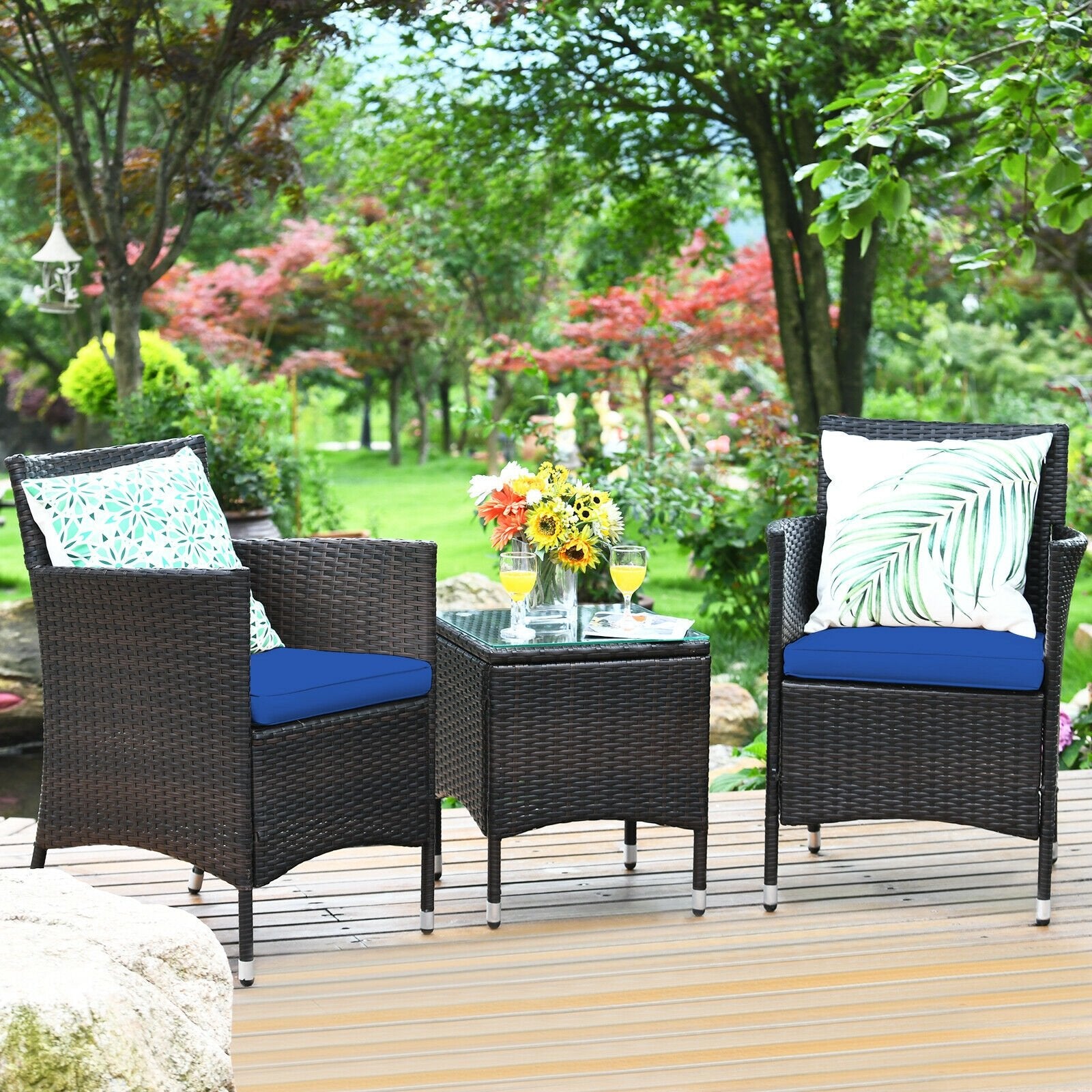 3 Pcs Patio Furniture Set Outdoor Wicker Rattan Set, Navy Patio Conversation Sets   at Gallery Canada