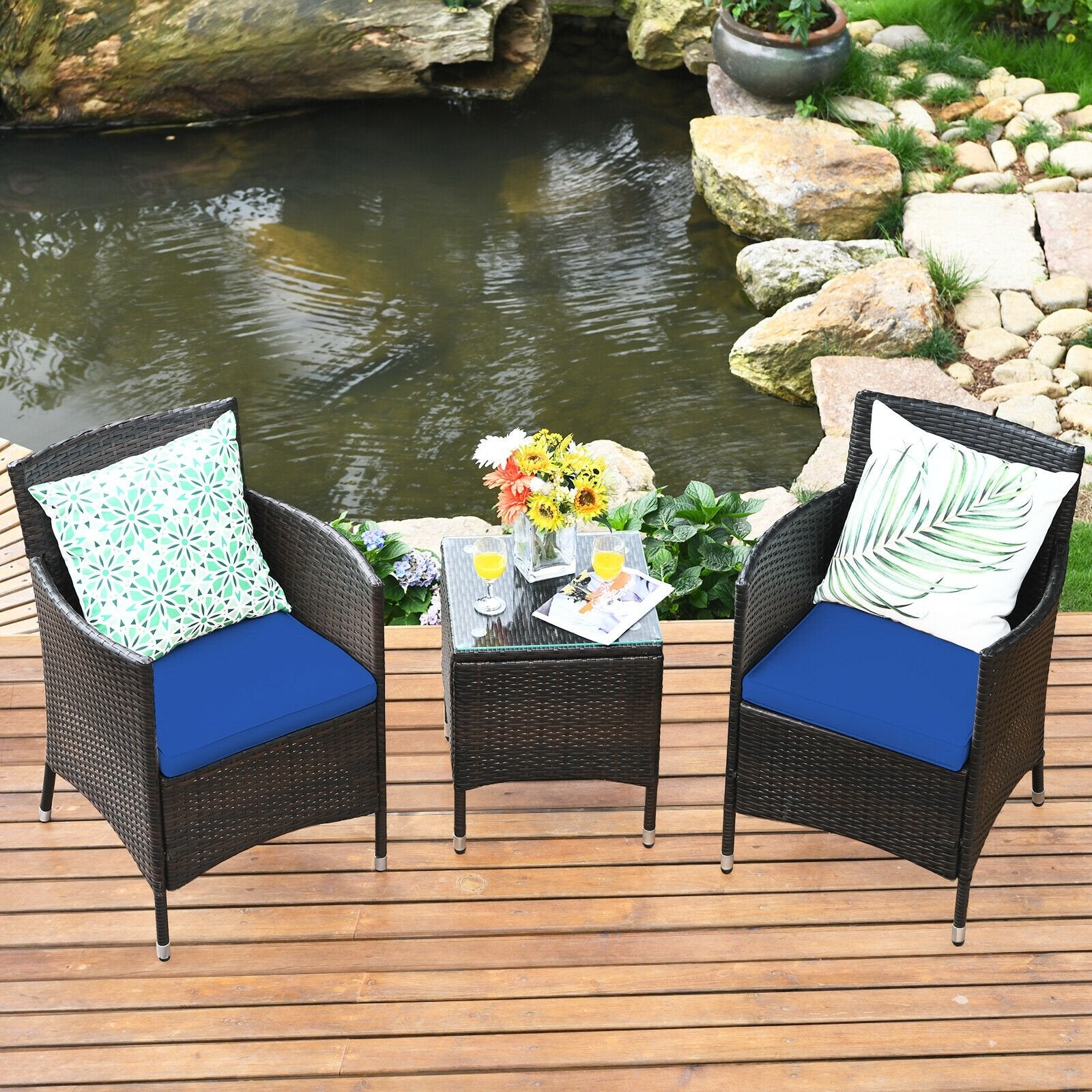 3 Pcs Patio Furniture Set Outdoor Wicker Rattan Set, Navy Patio Conversation Sets   at Gallery Canada