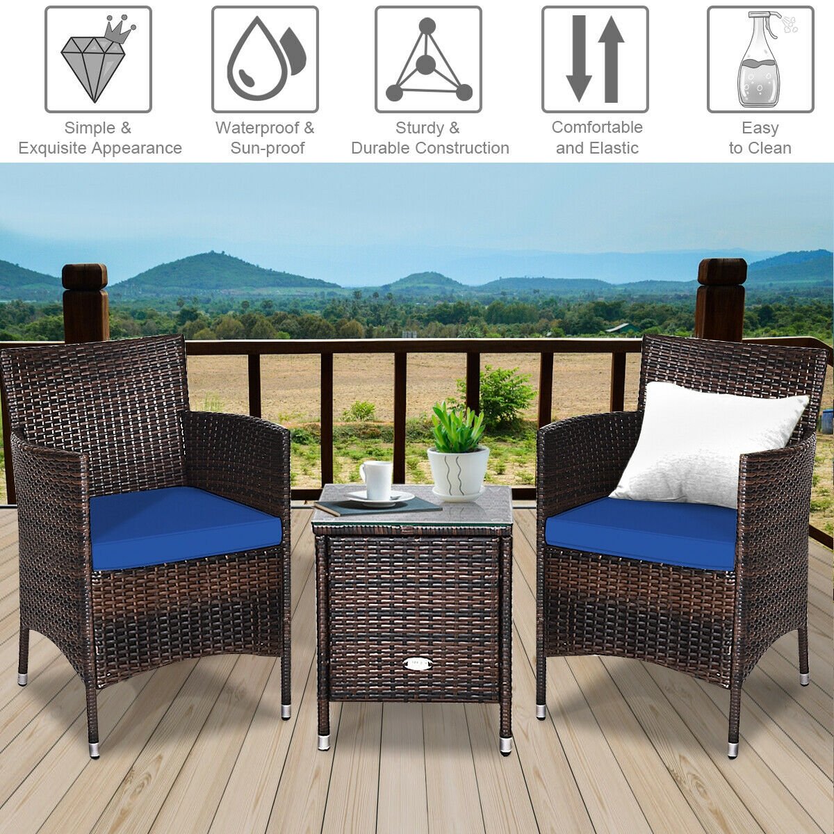 3 Pcs Patio Furniture Set Outdoor Wicker Rattan Set, Navy Patio Conversation Sets   at Gallery Canada