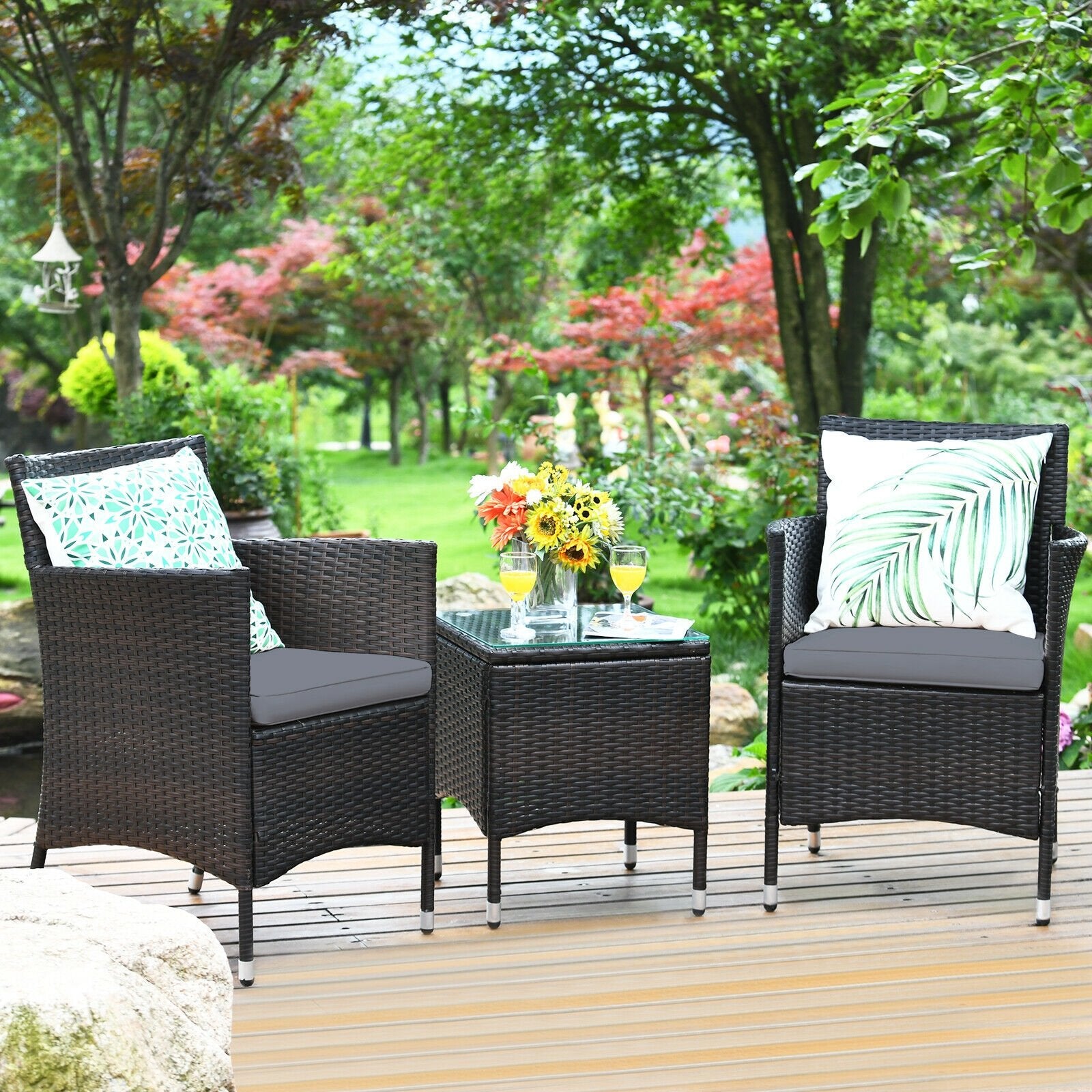 3 Pieces Patio Furniture Set Outdoor Wicker Rattan Set, Gray Patio Conversation Sets   at Gallery Canada