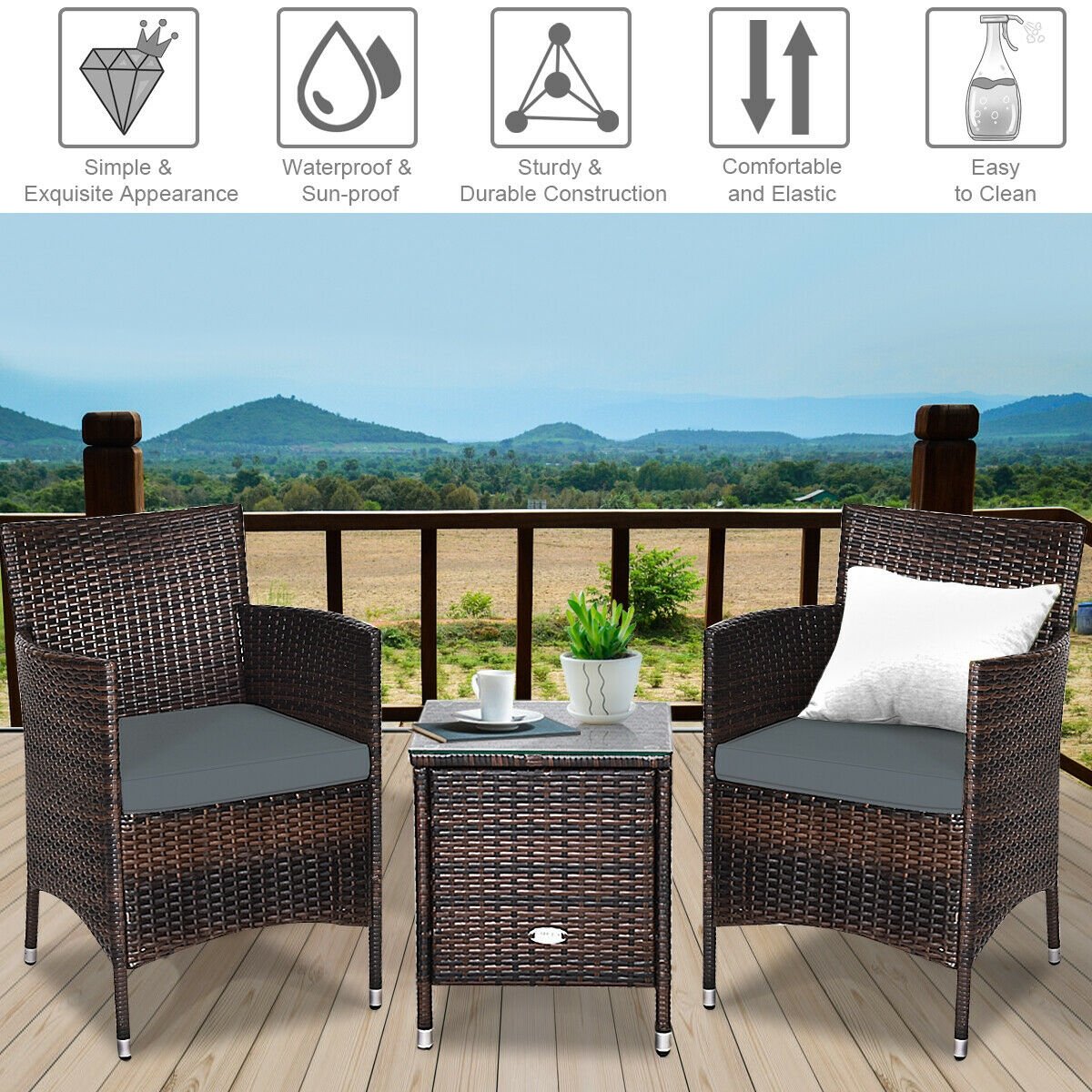 3 Pieces Patio Furniture Set Outdoor Wicker Rattan Set, Gray Patio Conversation Sets   at Gallery Canada