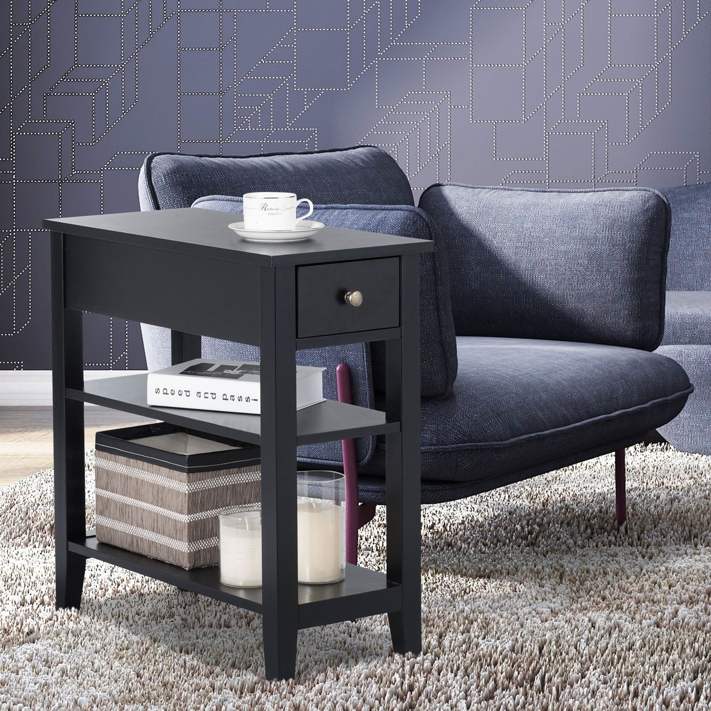 3-Tier Nightstand Bedside Table Sofa Side with Double Shelves Drawer, Black Nightstands   at Gallery Canada