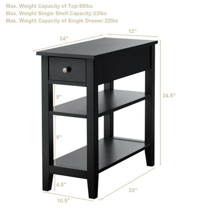 3-Tier Nightstand Bedside Table Sofa Side with Double Shelves Drawer, Black - Gallery Canada