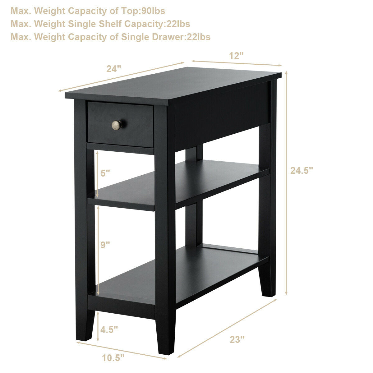 3-Tier Nightstand Bedside Table Sofa Side with Double Shelves Drawer, Black Nightstands   at Gallery Canada