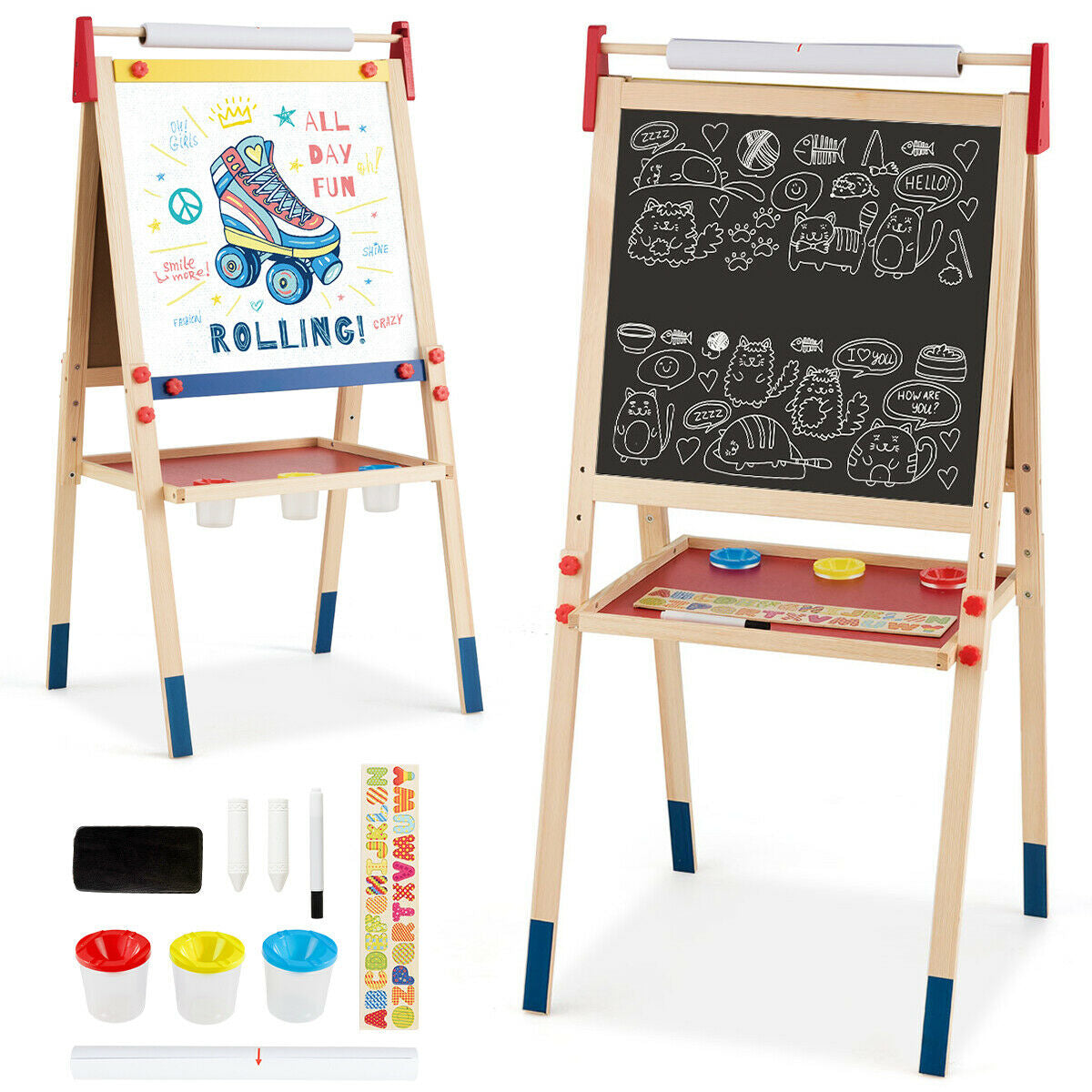 All-in-One Wooden Height Adjustable Kid's Art Easel with Magnetic Stickers and Paper, Multicolor Art Easels at Gallery Canada