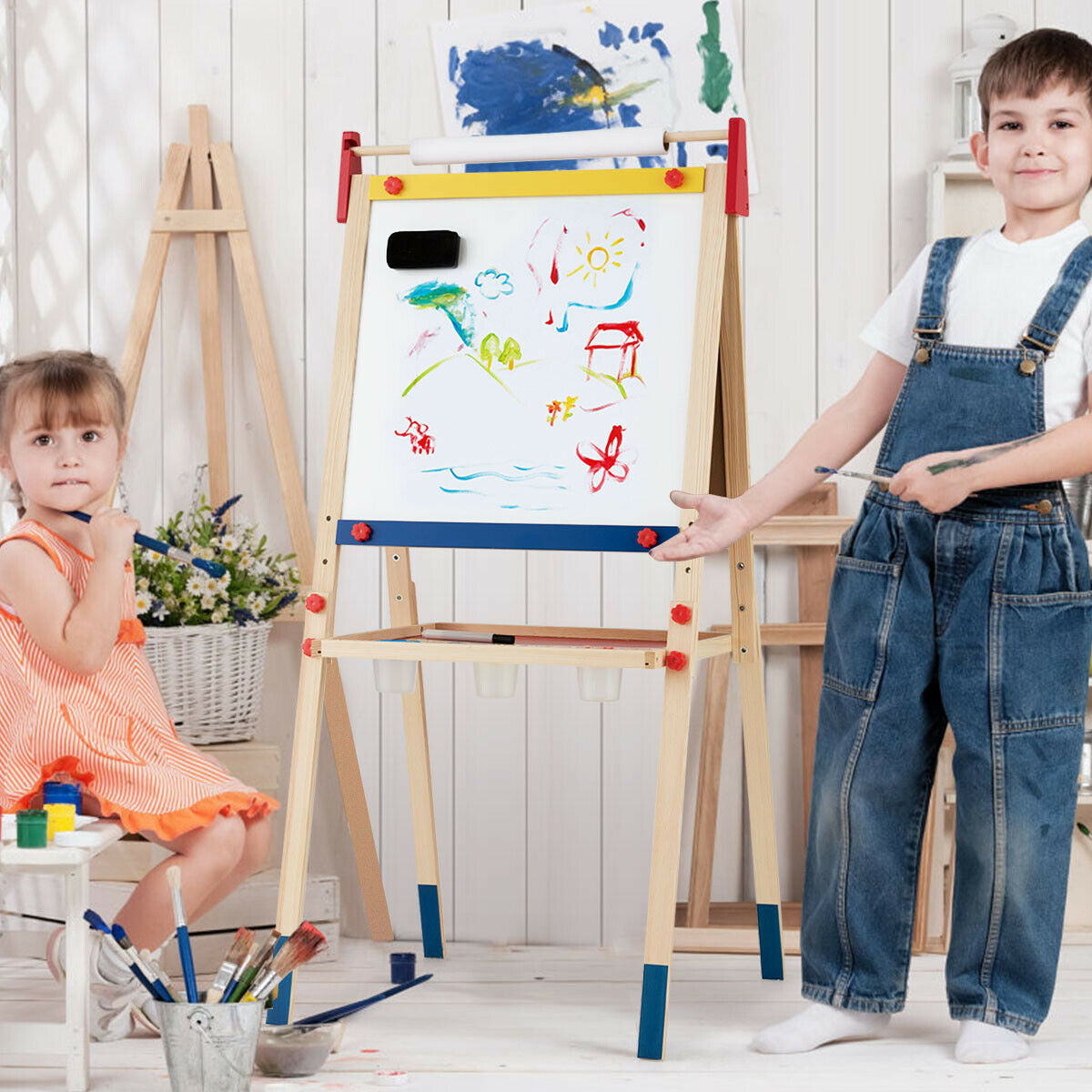 All-in-One Wooden Height Adjustable Kid's Art Easel with Magnetic Stickers and Paper, Multicolor Art Easels at Gallery Canada