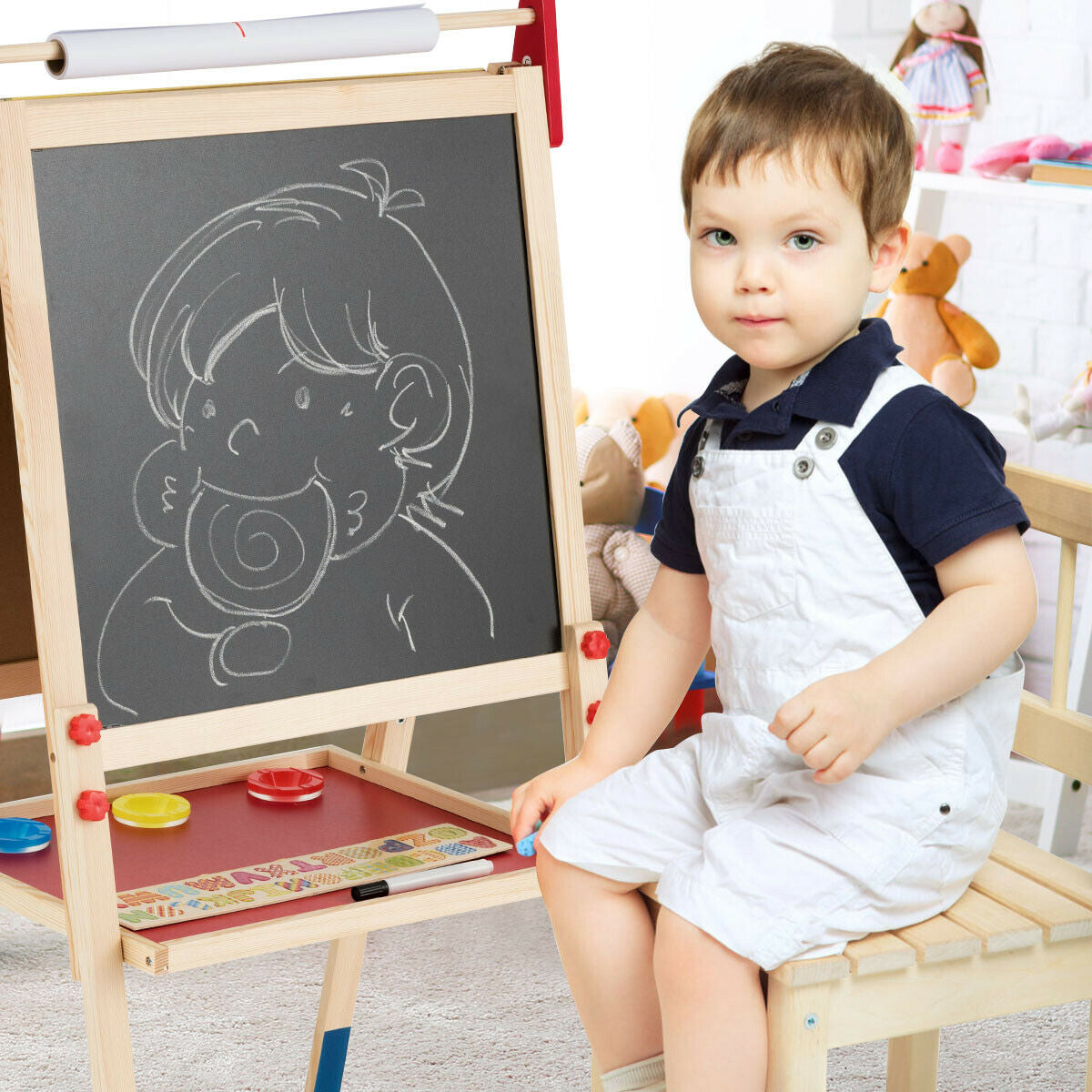 All-in-One Wooden Height Adjustable Kid's Art Easel with Magnetic Stickers and Paper, Multicolor Art Easels at Gallery Canada