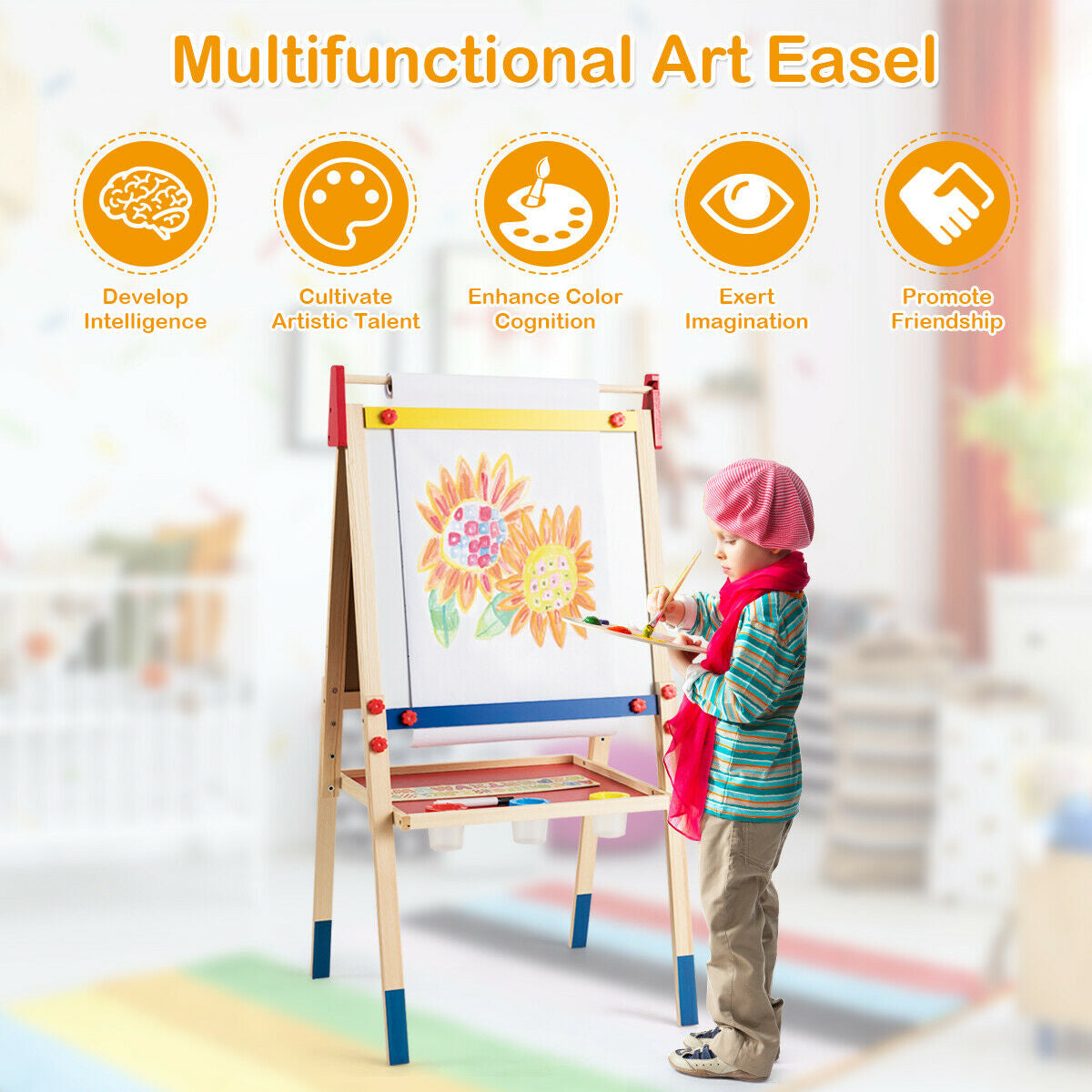 All-in-One Wooden Height Adjustable Kid's Art Easel with Magnetic Stickers and Paper, Multicolor Art Easels at Gallery Canada