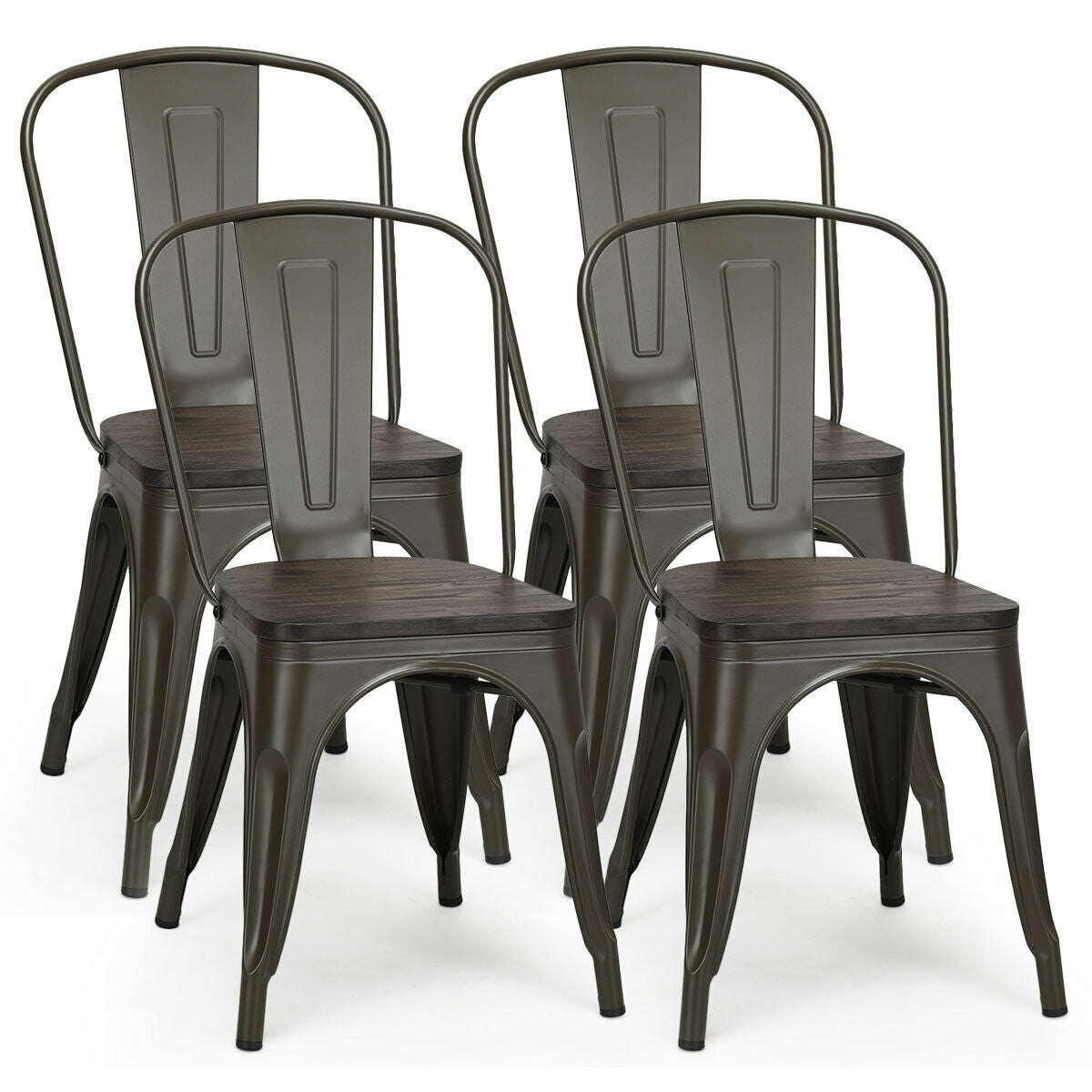 4 Pieces Tolix Style Metal Dining Side Chair Stackable Wood Seat, Dark Brown Dining Chairs Dark Brown  at Gallery Canada