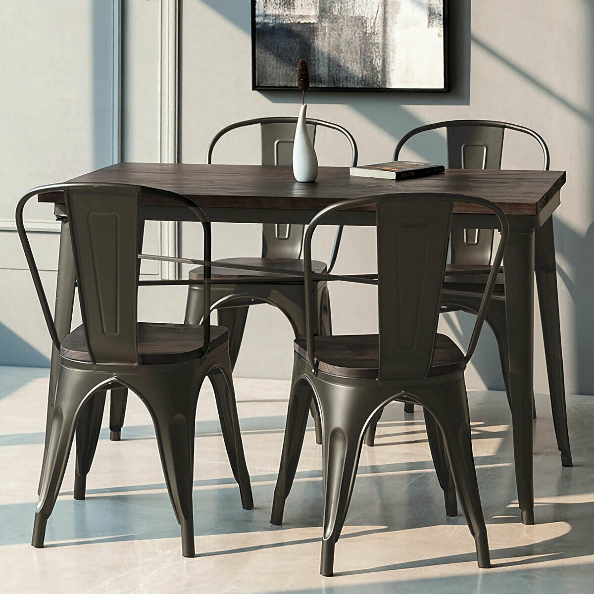 4 Pieces Tolix Style Metal Dining Side Chair Stackable Wood Seat, Dark Brown Dining Chairs   at Gallery Canada