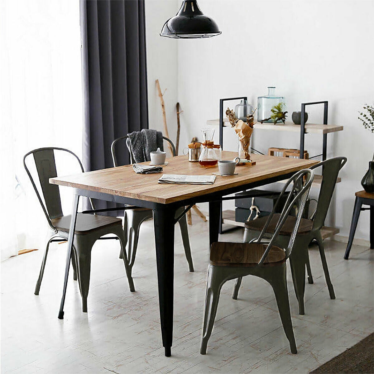 4 Pieces Tolix Style Metal Dining Side Chair Stackable Wood Seat, Dark Brown Dining Chairs   at Gallery Canada