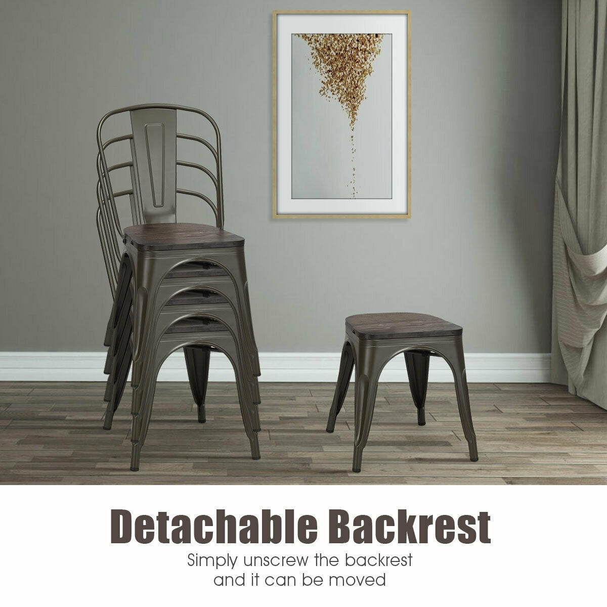 4 Pieces Tolix Style Metal Dining Side Chair Stackable Wood Seat, Dark Brown Dining Chairs   at Gallery Canada