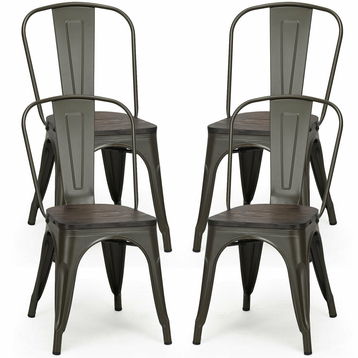 4 Pieces Tolix Style Metal Dining Side Chair Stackable Wood Seat, Dark Brown Dining Chairs   at Gallery Canada