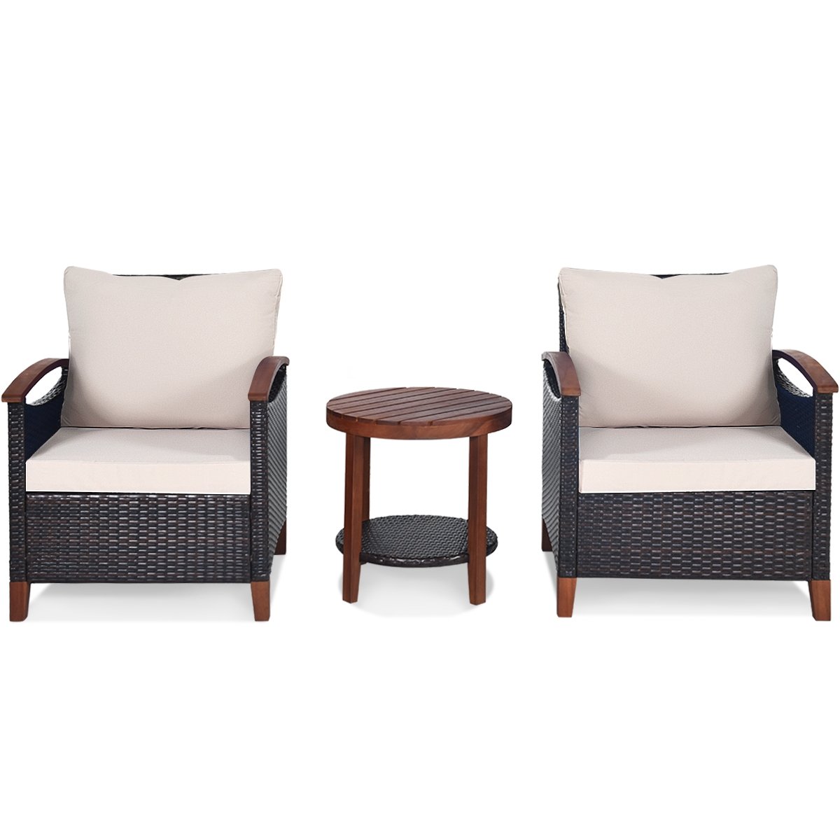 3 Pieces Patio Wicker Furniture Set with Washable Cushion and Acacia Wood Tabletop, Beige Patio Conversation Sets   at Gallery Canada