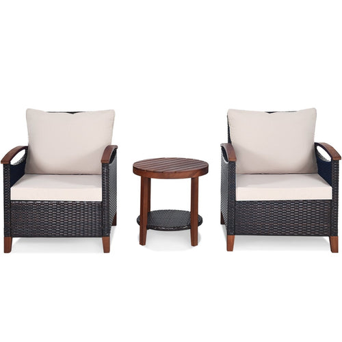 3 Pieces Patio Wicker Furniture Set with Washable Cushion and Acacia Wood Tabletop, Beige