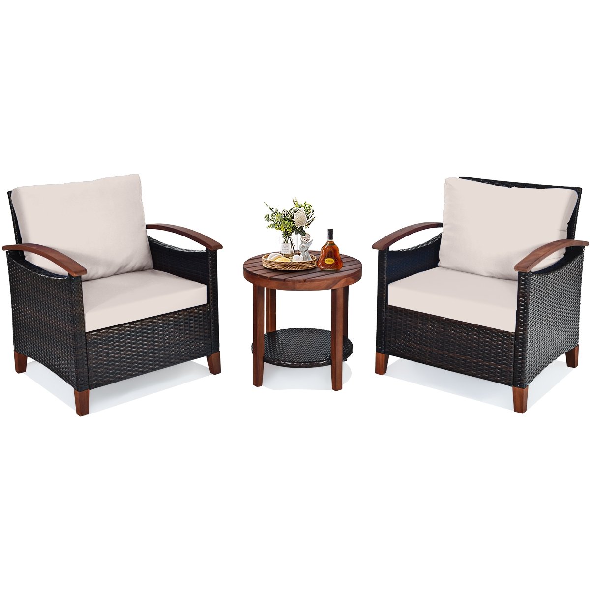 3 Pieces Patio Wicker Furniture Set with Washable Cushion and Acacia Wood Tabletop, Beige Patio Conversation Sets   at Gallery Canada