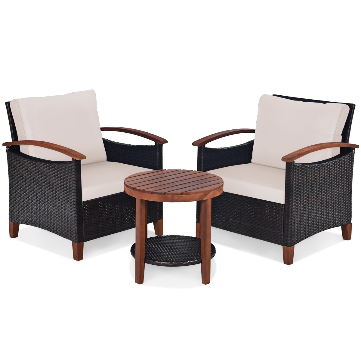 3 Pieces Patio Wicker Furniture Set with Washable Cushion and Acacia Wood Tabletop, Beige Patio Conversation Sets   at Gallery Canada