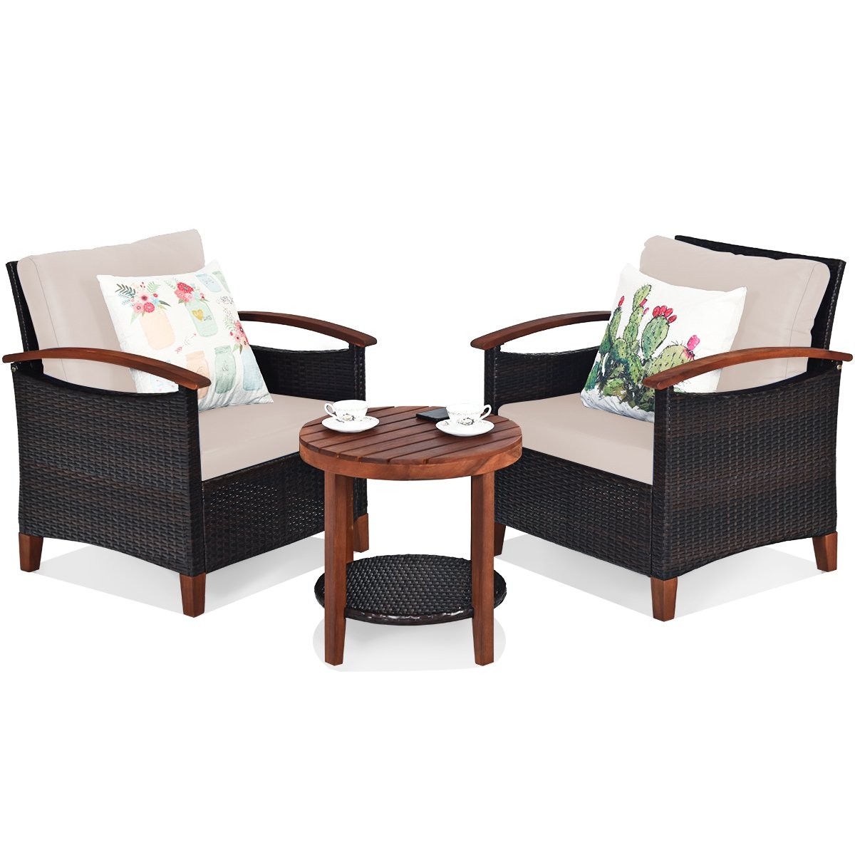 3 Pieces Patio Wicker Furniture Set with Washable Cushion and Acacia Wood Tabletop, Beige Patio Conversation Sets   at Gallery Canada