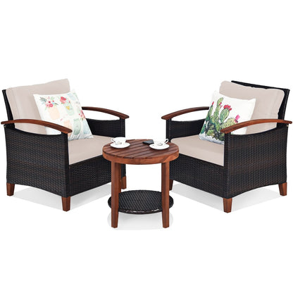 3 Pieces Patio Wicker Furniture Set with Washable Cushion and Acacia Wood Tabletop, Beige Patio Conversation Sets   at Gallery Canada