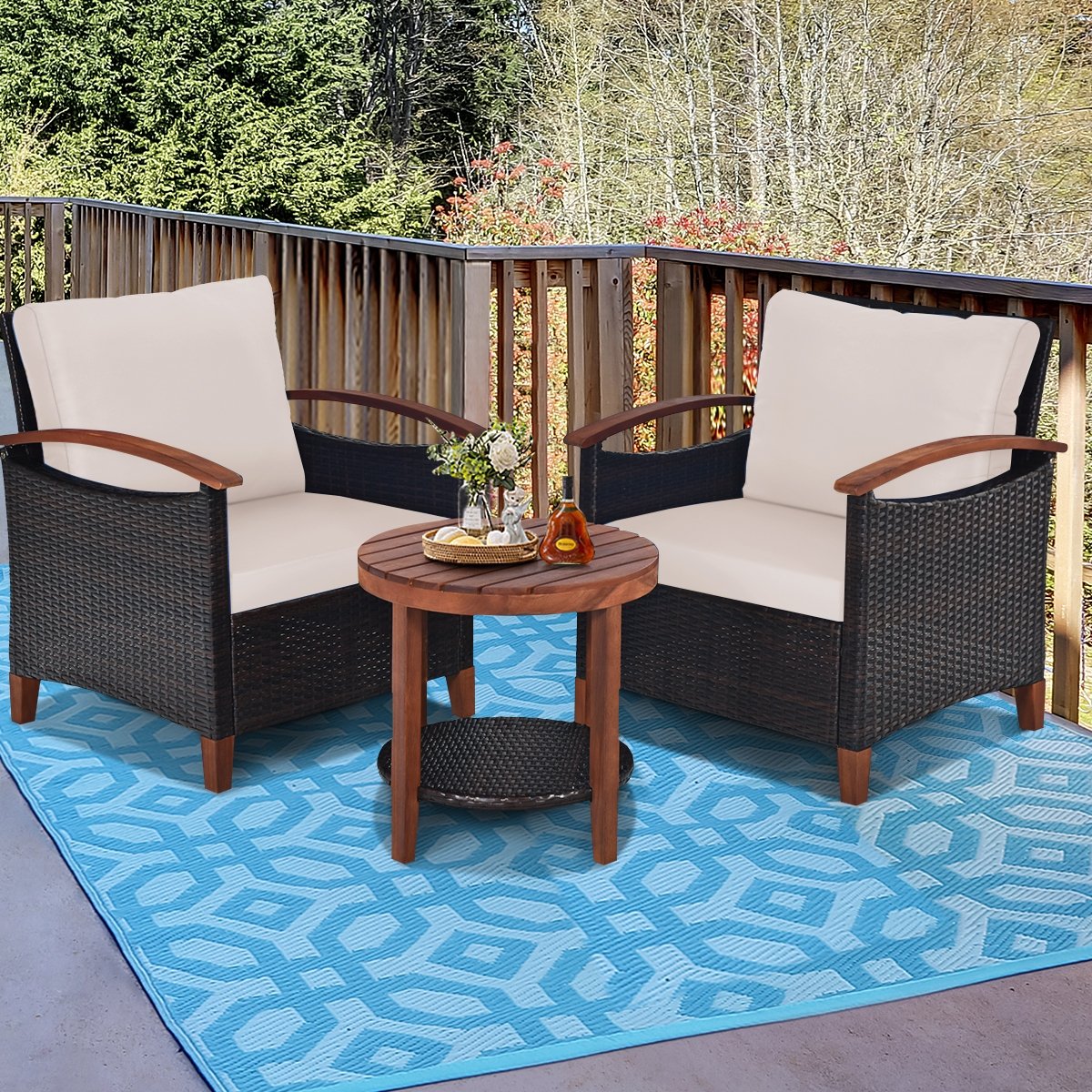 3 Pieces Patio Wicker Furniture Set with Washable Cushion and Acacia Wood Tabletop, Beige Patio Conversation Sets   at Gallery Canada