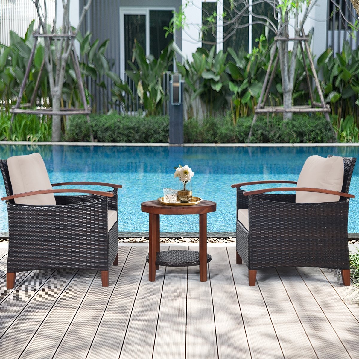 3 Pieces Patio Wicker Furniture Set with Washable Cushion and Acacia Wood Tabletop, Beige Patio Conversation Sets   at Gallery Canada