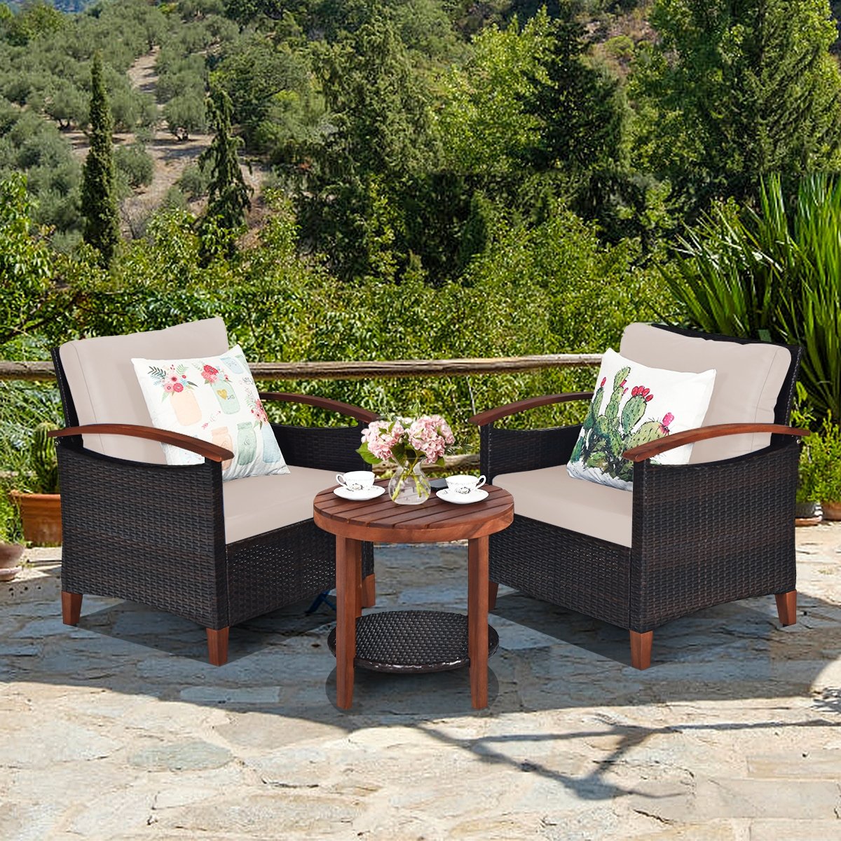 3 Pieces Patio Wicker Furniture Set with Washable Cushion and Acacia Wood Tabletop, Beige Patio Conversation Sets   at Gallery Canada