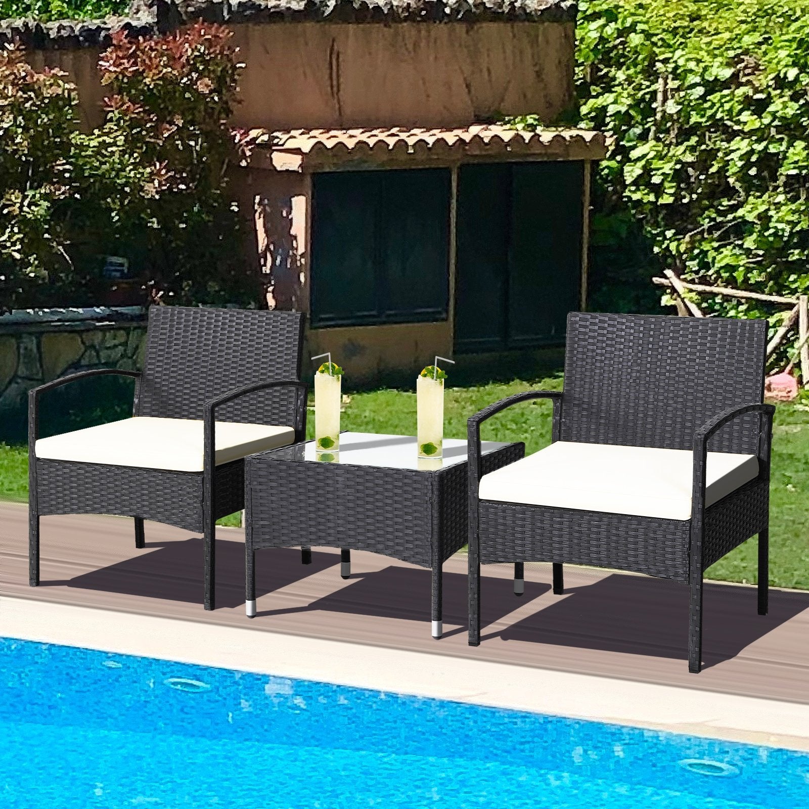 3 Pieces Patio Wicker Rattan Furniture Set with Cushion for Lawn Backyard, White Patio Conversation Sets   at Gallery Canada