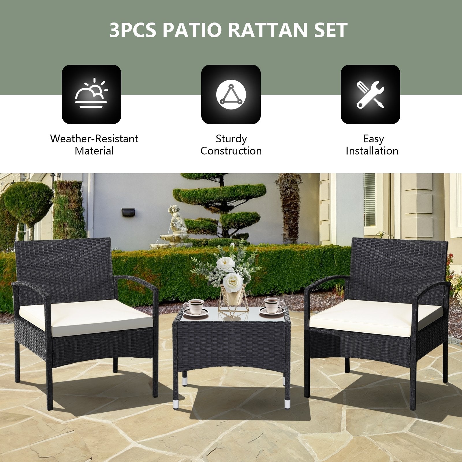 3 Pieces Patio Wicker Rattan Furniture Set with Cushion for Lawn Backyard, White Patio Conversation Sets   at Gallery Canada